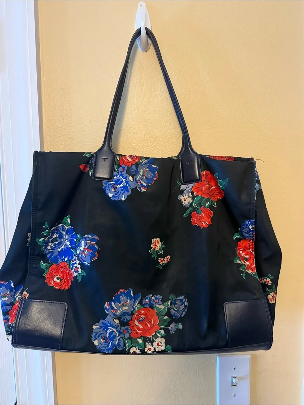 Tory Burch Ella Black Floral Nylon Logo Tote